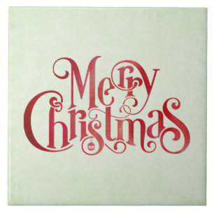 Red Merry Christmas Typography Festive Font Ceramic Tile