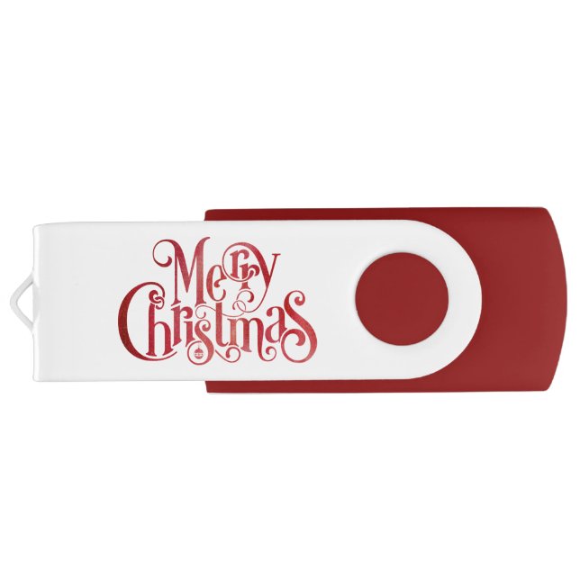 Red Merry Christmas Typography Festive Font Flash Drive (Back)