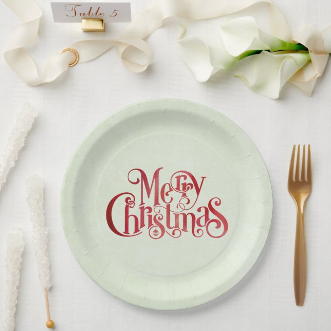 Red Merry Christmas Typography Festive Font Paper Plates (Wedding)
