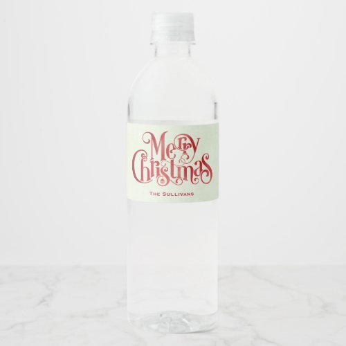Red Merry Christmas Typography Festive Font Water Bottle Label