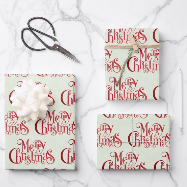 Red Merry Christmas Typography Festive Font Wrapping Paper Sheets (Front)