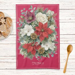 Red Merry Christmas Watercolor Floral Personalized Kitchen Towel