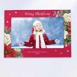 Red Merry Christmas Watercolor Floral Personalized Magnetic Frame