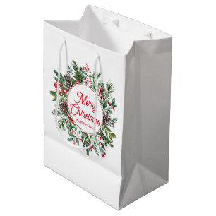 red merry christmas watercolor holiday greenery  medium gift bag