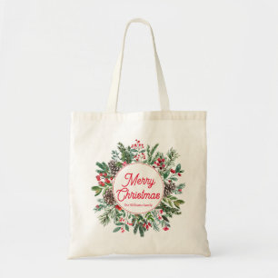 red merry christmas watercolor winter greenery tote bag