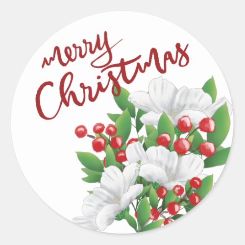 Red Merry Christmas White Red Green Floral Classic Round Sticker