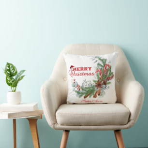 Red Merry Christmas Winter Bouquet Monogram  Throw Pillow
