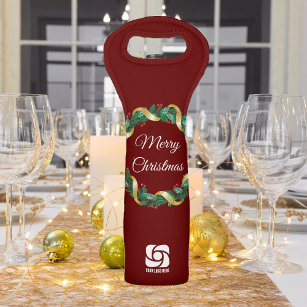 Red Merry Christmas Wreath Company Logo Wine Bag