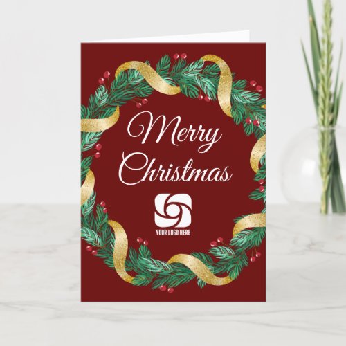 Red Merry Christmas Wreath Custom Business Logo Holiday Card