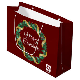 Red Merry Christmas Wreath Custom Business Logo Large Gift Bag