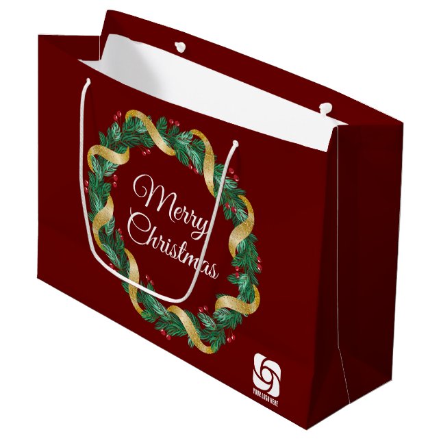 Red Merry Christmas Wreath Custom Business Logo  Large Gift Bag (Front Angled)