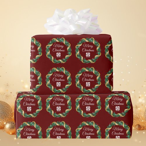 Red Merry Christmas Wreath Custom Company Logo Wrapping Paper