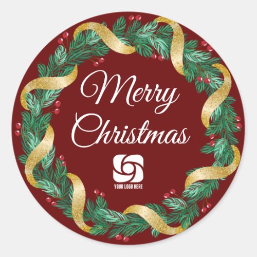 Red Merry Christmas Wreath Custom Company Party Classic Round Sticker