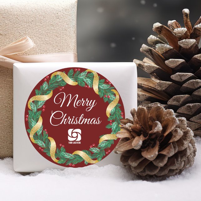 Red Merry Christmas Wreath Custom Company Party Classic Round Sticker (Creator Uploaded)