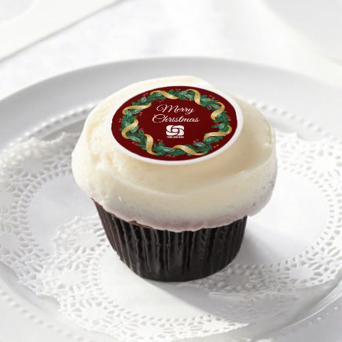 Red Merry Christmas Wreath Custom Company Party Edible Frosting Rounds