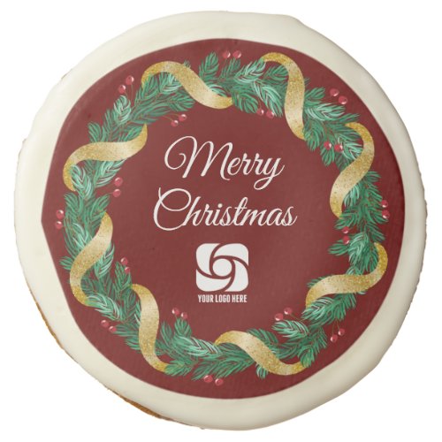 Red Merry Christmas Wreath Custom Company Party Sugar Cookie