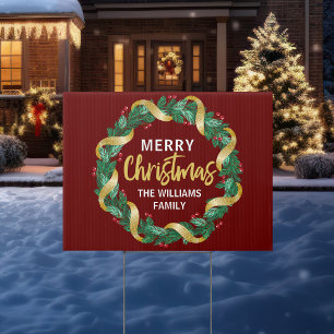 Red Merry Christmas Wreath Family Custom Yard Sign