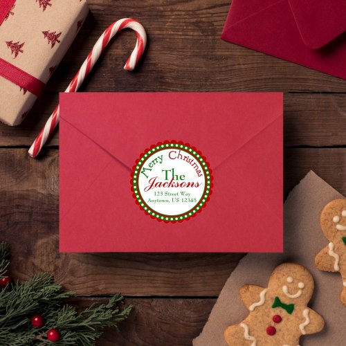 Red Merry Christmas Wreath Round Address Label