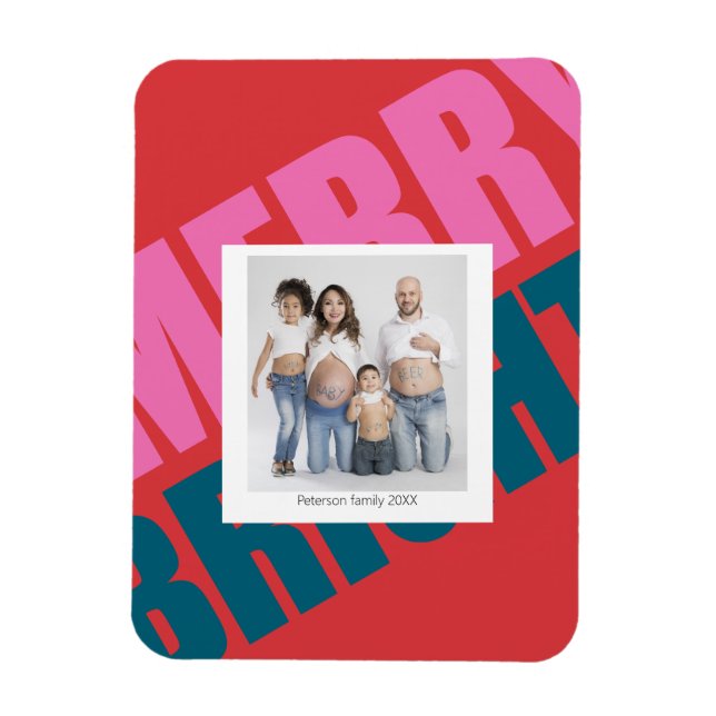 Red merry colorful christmas modern photo family  magnet (Vertical)