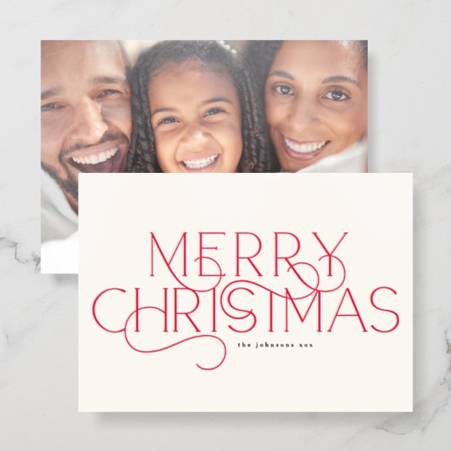 Red Merry Elegant Typography Christmas Letterpress Photo Cards (Front/Back)