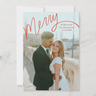 Red Merry Hand Lettering Wedding Photo Holiday Card