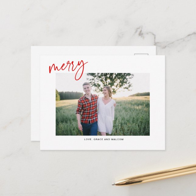 Red Merry Holiday Hand Written Postcard (Front/Back In Situ)