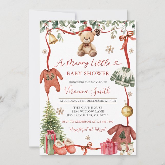 Red Merry Little Winter Christmas Baby Shower Invi Invitation (Front)