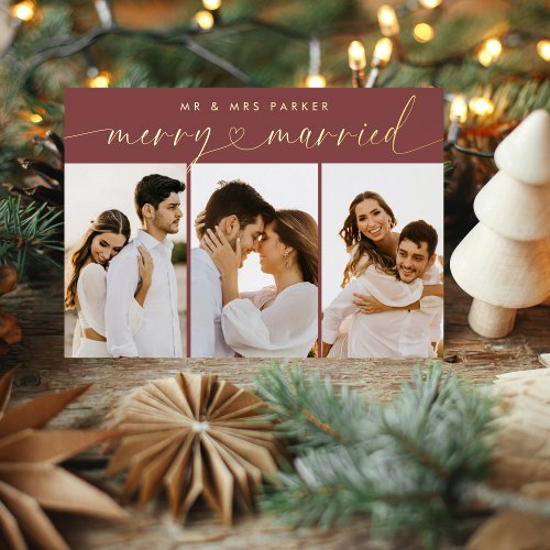 Red Merry  Married Heart Script Christmas Photo Foil Holiday Card
