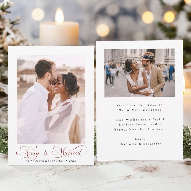 Red Merry & Married Modern Elegant Script 2 Photo  Holiday Card (Front & Back)