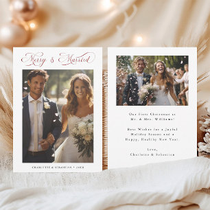 Red Merry & Married Romantic Script 2 Photo Holiday Card