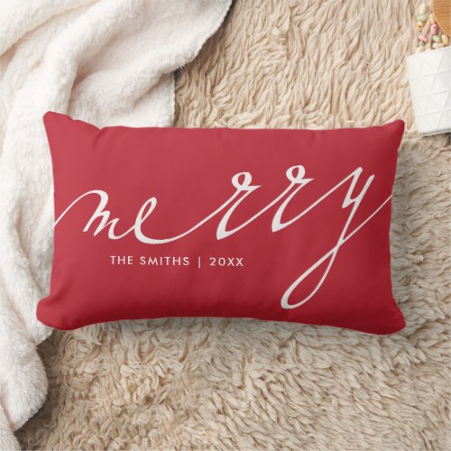 Red Merry Script Letters Christmas Custom Lumbar Pillow