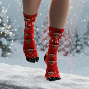 Red Merry Slothmas Christmas Holiday Socks