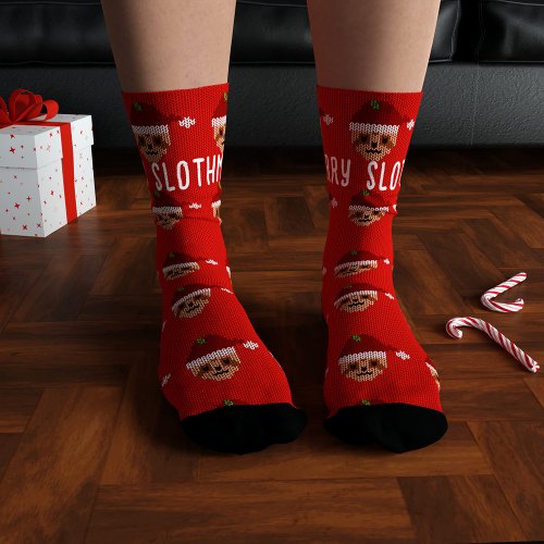 Red Merry Slothmas Christmas Holiday Socks