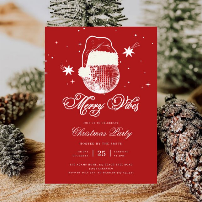 Red Merry Vibes Disco Santa Retro Christmas Party Invitation (Creator Uploaded)