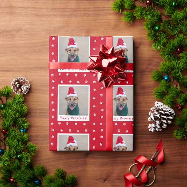 Red Merry Woofmas Personalized Pet Dog Photo Wrapping Paper (Holiday Gift)