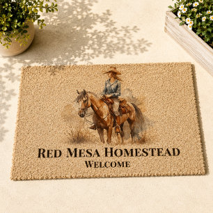 Red Mesa Ranch Cowgirl Riding Horse Art Fiber Doormat