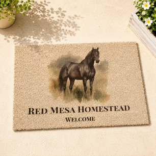 Red Mesa Ranch Watercolor Black Horse Art Fiber Doormat