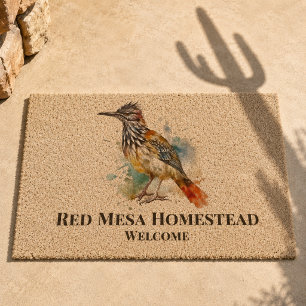 Red Mesa Ranch Watercolor Roadrunner Desert Art Fiber Doormat