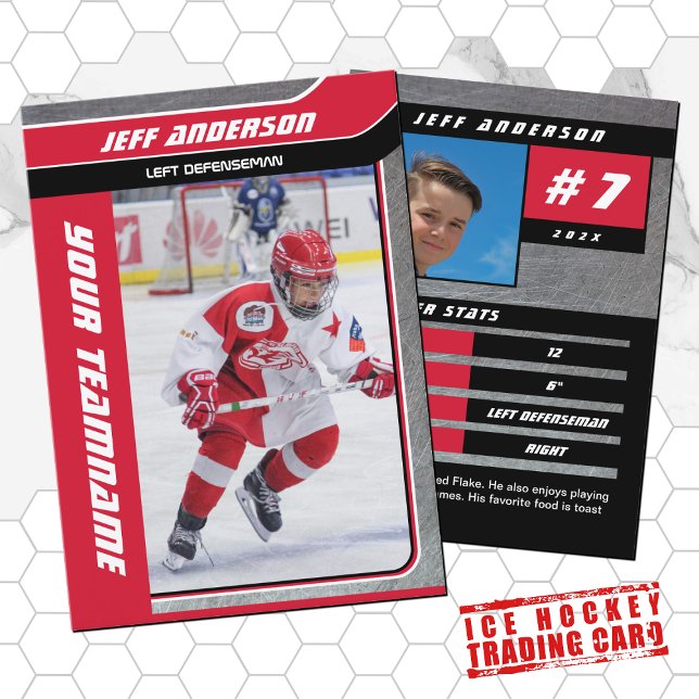 Red Metal Ice Hockey Trading Card (Proudly share youre kids' achievements with this red black and metal card)