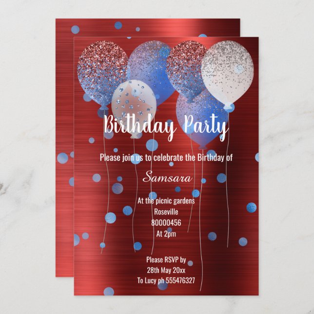 RED METALLIC & BLUE BIRTHDAY BALLOON SPOT  INVITATION (Front/Back)