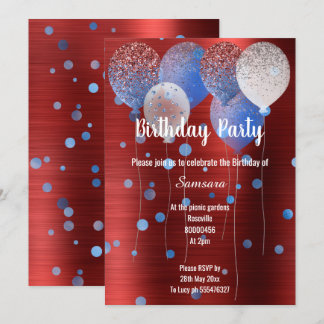 RED METALLIC & BLUE BIRTHDAY BALLOON SPOT  INVITATION