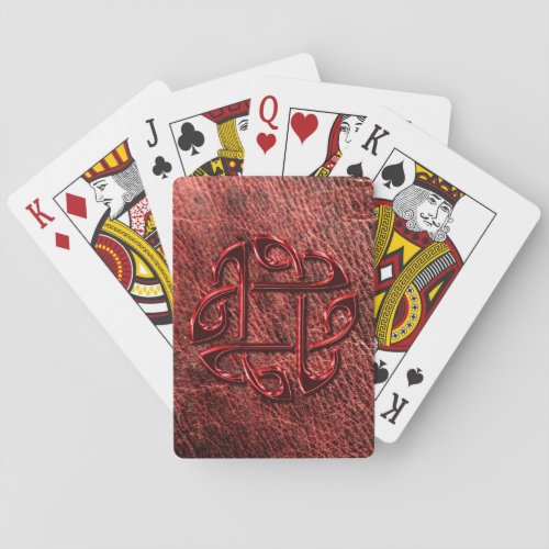 Red metallic celtic knot on genuine leather poker cards