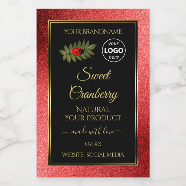 Red Metallic Glitter Black Product Labels Add Logo (Single Label)