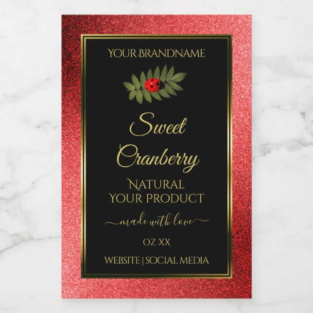 Red Metallic Glitter Black Product Labels Ladybug (Single Label)