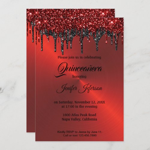 Red metallic glitter Quinceanera Invitation