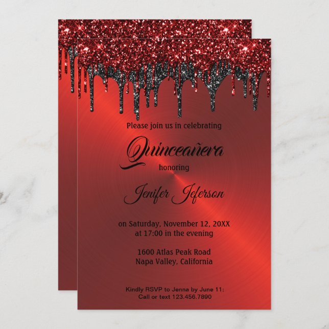 Red metallic glitter Quinceanera Invitation (Front/Back)