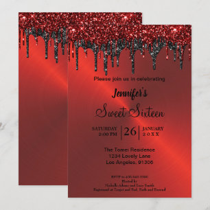 Red metallic glitter Sweet Sixteen Invitation