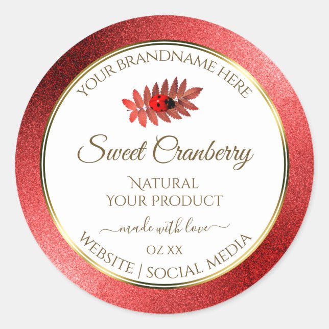 Red Metallic Glitter White Product Labels Ladybug (Front)