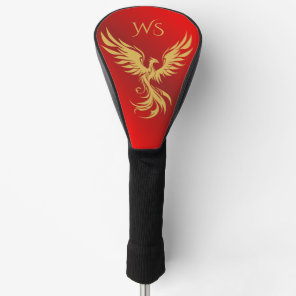 Red Metallic Gold Rising Phoenix Monogram Initials Golf Head Cover