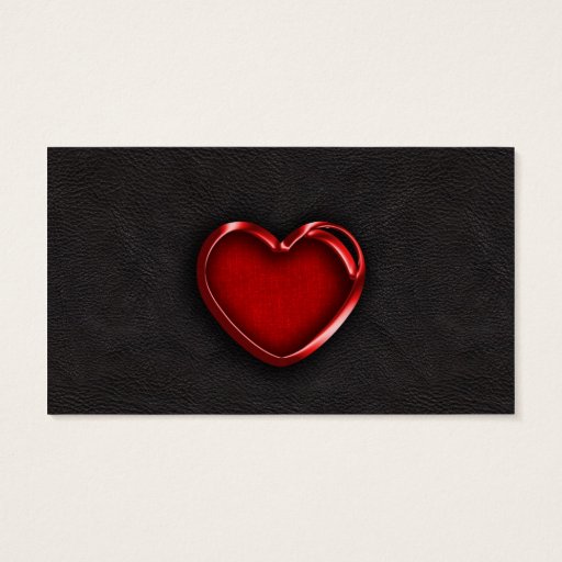 Customizable Red Metallic Heart on Black Leather Business Cards